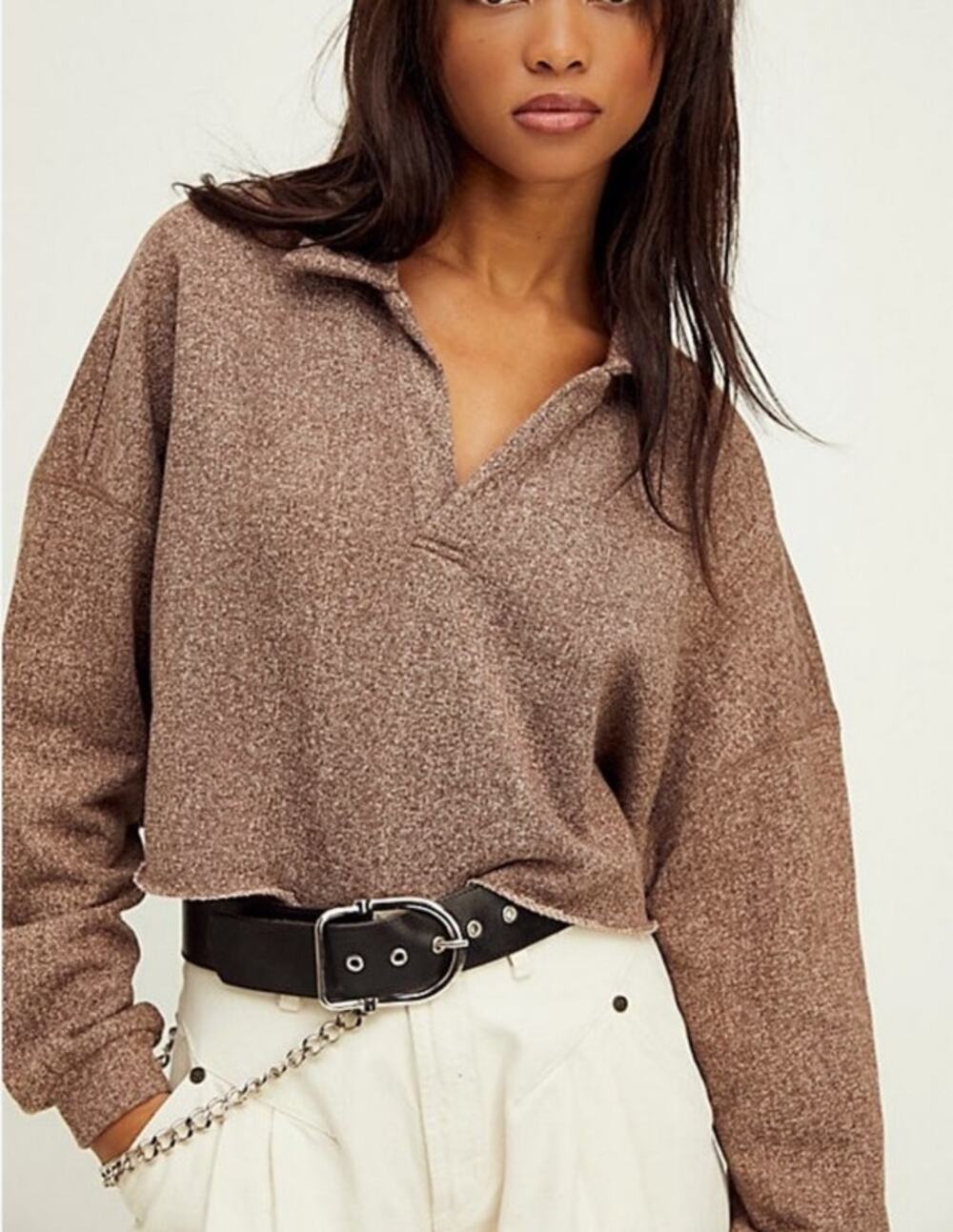 Free People Beach Long Sleeve Cropped Pullover Sweatshirt Womens M Brown V Neck